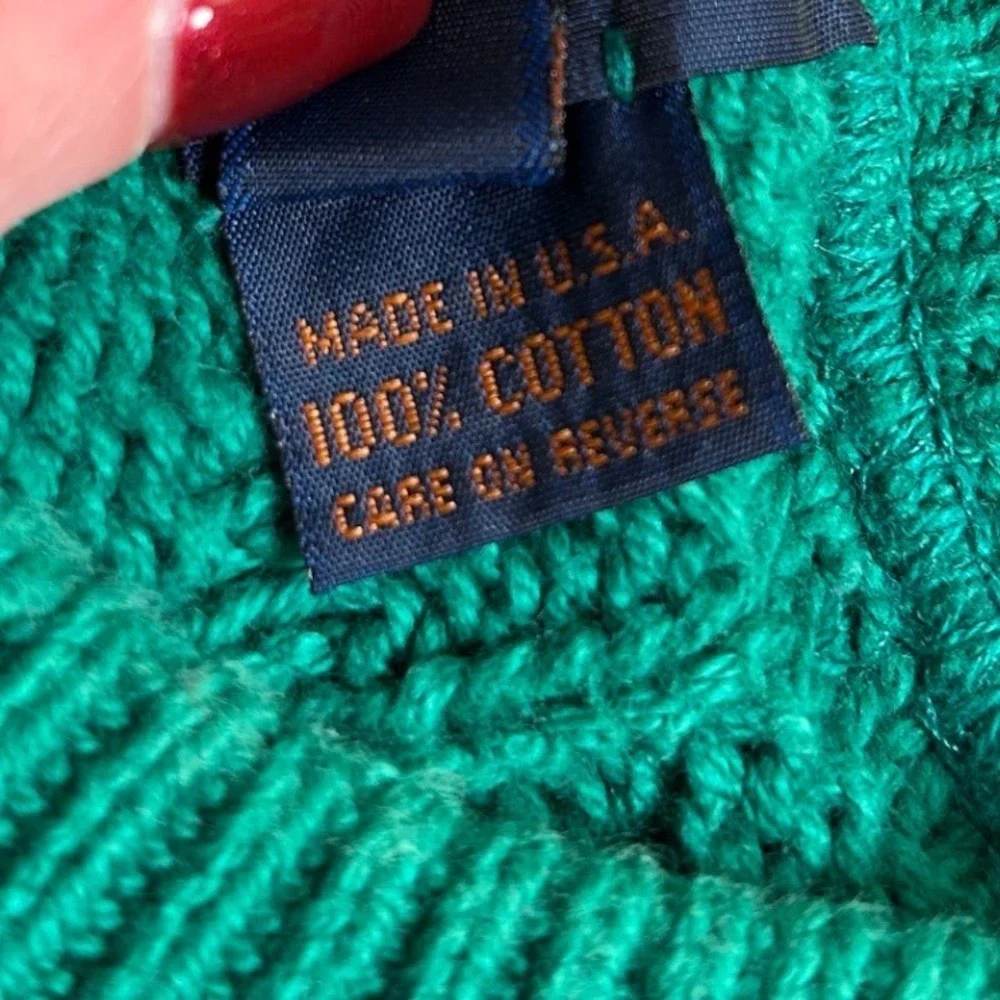 VTG 80s 90s Rowing Club Green Textured Cotton‎ Knit Sweater Made in USA Men L